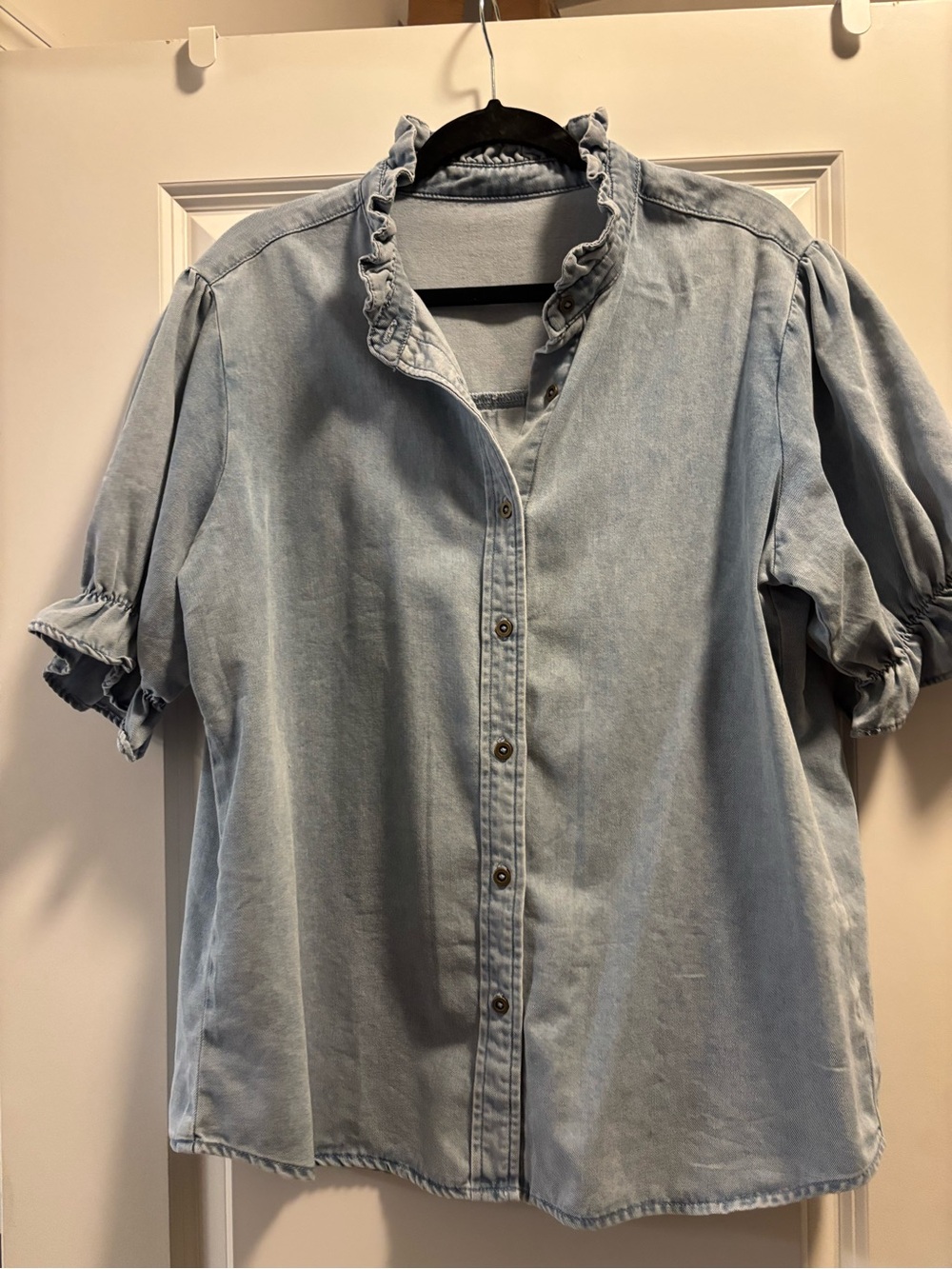Light Blue Denim Ruffle Collar Short Sleeve Shirt